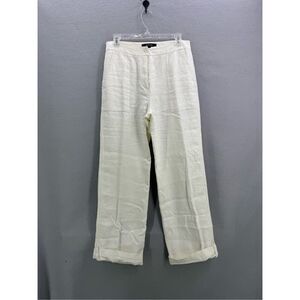 Nitya Womens White High Waist Linen Wide Leg Cuffed Trousers Pants Size 40